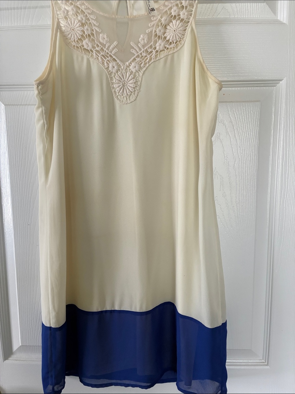 Pink Owl Cream Ivory Blue Lace Trim Sleeveless Dress Size S